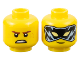 Part No: 28621pb0084  Name: Minifigure, Head Dual Sided Reddish Brown Eyebrows, Medium Nougat Freckles, Scowl / Black and Bright Light Blue Mask with Bright Light Yellow Eyes Pattern - Vented Stud