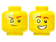 Part No: 28621pb0112  Name: Minifigure, Head Dual Sided Reddish Brown Eyebrows, Lime Right Eye with Yellowish Green Splotch, Smirk / Open Mouth Smile with Teeth Pattern - Vented Stud
