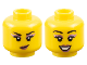 Part No: 28621pb0113  Name: Minifigure, Head Dual Sided Female Black Eyebrows and Eyelashes, Metallic Pink Eye Shadow and Lips, Smirk / Open Mouth Smile with Teeth Pattern - Vented Stud