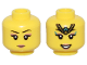 Part No: 28621pb0184  Name: Minifigure, Head Dual Sided Female Thin Black Eyebrows, Nougat Eye Shadow and Lips, Smile / Gold Tiara and Dark Turquoise Highlights Pattern - Vented Stud