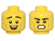Part No: 28621pb0191  Name: Minifigure, Head Dual Sided Thin Black Eyebrows, Medium Nougat Cheek Lines, and Open Mouth Smile / Sweat Drop, Grimace Pattern - Vented Stud