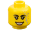 Part No: 28621pb0205  Name: Minifigure, Head Female Black Thick Eyebrows and Single Eyelashes, Nougat Lips, Gold Dots, Silver Stars Constellation, Open Mouth Smile with Teeth Pattern - Vented Stud