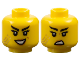 Part No: 28621pb0226  Name: Minifigure, Head Dual Sided Female Black Eyebrows, Long Eyelashes, Medium Nougat Lips, Gold Stripes Tattoo, Evil Open Mouth Smile with Teeth / Scowl Pattern - Vented Stud