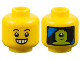 Part No: 28621pb0266  Name: Minifigure, Head Alien Black Eyebrows and Open Smile with Teeth, Bright Light Orange Rivets, Black and Blue Panel with Lime Alien Pilot on Back Pattern - Vented Stud