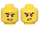 Part No: 28621pb0314  Name: Minifigure, Head Dual Sided Thick Black Eyebrows, 2 Red Spots, Eyebrow Raised and Open Mouth Smile with Teeth / Angry Pattern - Vented Stud