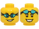Part No: 28621pb0318  Name: Minifigure, Head Dual Sided Black Eyebrows, Open Mouth Smile, Medium Azure Water Drops, Swim Goggles over Eyes / on Forehead Pattern - Vented Stud (BAM)