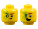 Part No: 28621pb0352  Name: Minifigure, Head Dual Sided Reddish Brown Eyebrow Left, Bright Green Eyebrow Right, Lime Smudge on Right, Lopsided Grin / Smile with White Teeth Pattern - Vented Stud