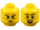 Part No: 28621pb0357  Name: Minifigure, Head Dual Sided Female Black Eyebrows, Olive Green Spots and Lines, Medium Nougat Lips, Angry Frown / Open Mouth Smile Pattern - Vented Stud