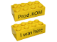 Part No: 3001pb099  Name: Brick 2 x 4 with Black 'I was here' Front and 'Prod. KOM' Back Kornmarken Factory Tour Pattern