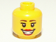 Part No: 3626bpb0694  Name: Minifigure, Head Female Reddish Brown Eyebrows, Red Lips, Open Mouth Smile with Teeth Pattern - Blocked Open Stud