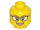 Part No: 3626cpb1567  Name: Minifigure, Head Female Black Glasses with White Lenses, Reddish Brown Eyebrows, Nougat Lips, and Open Mouth Smile with Teeth Pattern - Hollow Stud
