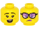 Part No: 3626cpb2635  Name: Minifigure, Head Dual Sided Female Lavender Lips, Black Eyebrows, Freckles, Open Mouth with Teeth, Smile / Angry with Glasses Pattern - Hollow Stud