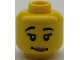 Part No: 3626cpb2664  Name: Minifigure, Head Female Black Eyebrows Raised, Eyelashes, Medium Nougat Lips, Lopsided Grin with Dimples Pattern - Hollow Stud