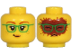 Part No: 3626cpb2695  Name: Minifigure, Head Dual Sided Female, Dark Red Eyebrows, Green Glasses, Peach Lips, Freckles, Lopsided Grin / Covered with Cocoa Pattern - Hollow Stud