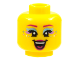 Part No: 3626cpb2818  Name: Minifigure, Head Female Magenta Eyebrows, Metallic L Blue and Medium Lavender Eye Shadow, Spots, Magenta Lips, Singing Open Mouth Pattern - Hollow Stud