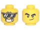 Part No: 3626cpb2984  Name: Minifigure, Head Dual Sided, Gold Trim Sunglasses with Reflections, Open Mouth Grin with Sparkle / Black Thick Eyebrows, Smirk Pattern - Hollow Stud