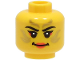 Part No: 3626cpb3314  Name: Minifigure, Head Female Black Eyebrows, Gold Stripes Face Paint, Coral Lips and Eye Shadow, Smile Pattern - Hollow Stud (BAM)