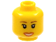 Part No: 3626pb0411  Name: Minifigure, Head Female Reddish Brown Eyebrows, Black Eyelashes, Dark Orange Lips, Open Mouth Smile with Teeth Pattern