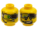 Part No: 3626pb0448  Name: Minifigure, Head Dual Sided Headset and Green Glasses with Red Bars, Glasses Down / Glasses Up and Mouth Open Pattern