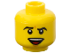 Part No: 3626pb0537  Name: Minifigure, Head Black Angled Eyebrows, Dark Orange Chin Dimple, Open Mouth Smile with Top Teeth and Red Tongue Pattern