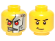 Part No: 3626pb1036  Name: Minifigure, Head Dual Sided Alien with Red Eyes, Silver Head Plates / Black Eyebrows and Crooked Smile Pattern