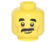 Part No: 3626pb1886  Name: Minifigure, Head Black Short Thick Eyebrows, Moustache, Nougat Cheek Lines and Creases Under Eyes, Lopsided Grin Pattern