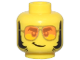 Part No: 3626pb2540  Name: Minifigure, Head Dark Orange Eyebrows and Eyes, Gold Sunglasses with Orange Lenses, Black Thick Sideburns, Lopsided Grin Pattern