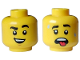 Part No: 3626pb3224  Name: Minifigure, Head Dual Sided Black Eyebrows, Smile with Teeth, Chin Dimple / Open Mouth, Red Tongue, Sweat Drops Pattern