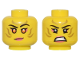 Part No: 3626pb3368  Name: Minifigure, Head Dual Sided Female Gold Stripes Face Paint, Coral Lips and Eye Shadow, Orange Eyes, Lopsided Grin / Bared Teeth Pattern