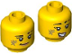 Part No: 3626pb3753  Name: Minifigure, Head Dual Sided Female Black Eyebrows, Scar, Olive Green Scuff Mark, Nougat Lips, Lopsided Grin / Open Mouth Smile with Teeth Pattern