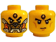 Part No: 3626pb3785  Name: Minifigure, Head Dual Sided Black Thick Eyebrows, Forehead Jewel, Gold, Orange and Silver Mask / Stern with Medium Nougat Cheek Lines and Chin Dimple Pattern
