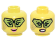 Part No: 3626pb3828  Name: Minifigure, Head Dual Sided Female Black Eyebrows, Double Eyelashes, Geometric Glasses with Lime Lenses, Gold Face Paint, Beauty Mark, Dark Pink Lips, Grin / Open Mouth Scowl with Teeth Pattern