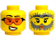 Part No: 3626pb3889  Name: Minifigure, Head Dual Sided Female Black Eyebrows, Beauty Mark, Orange Safety Glasses and Lips, Scared Open Mouth with Teeth / Surprised with Dark Bluish Gray Splotches Pattern