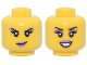 Part No: 3626pb3915  Name: Minifigure, Head Dual Sided Female Black Eyebrows and Eyelashes, Metallic Pink Eye Shadow, Medium Lavender Lips, Smirk / Open Mouth Smile with Teeth Pattern