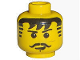 Part No: 3626px129  Name: Minifigure, Head Black Thin Eyebrows, Curled Moustache, Hair with Bangs, Striped Sideburns and Chin Dimple, Small Lopsided Open Mouth Smile Pattern