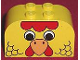 Part No: 4744pb18  Name: Slope, Curved 4 x 2 x 2 Double with 4 Studs with Chicken Head with Eyes, Feathers, Orange Beak, Red Comb and Wattle Pattern