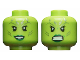 Part No: 3626pb1825  Name: Minifigure, Head Dual Sided Alien Female with Silver Tattoos, Eyelashes, Dark Green Lips, Open Mouth Smile / Angry Pattern