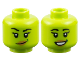 Part No: 3626pb3459  Name: Minifigure, Head Dual Sided Female Black Eyebrows and Eyelashes, Dark Green Dimple, Medium Nougat Lips, Lopsided Grin / Open Mouth Smile with Teeth Pattern
