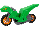 Part No: 3140pb01c01  Name: Stuntz Flywheel Motorcycle Velociraptor Bike with Dark Bluish Gray Frame, Orange Wheels, and Dark Bluish Gray Handlebars with Yellow Eyes and Orange Markings Pattern