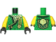 Part No: 973pb5691c01  Name: Torso Tunic with Dark Green Hems, Gold Trim, Yellowish Green Shirt, Ninjago Logogram 'MOE', Letter L on Back Pattern / Yellow Arms / Black Hands