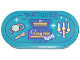 Part No: 66857pb056  Name: Tile, Round 2 x 4 Oval with Gold Treasure Chest, Watch, Fork, and Candelabra, White Sparkles and 'STORE' Banner and Dark Purple 'ANTIQUES' Pattern