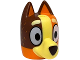 Part No: 109805pb01  Name: Minifigure, Head, Modified Dog (Cattle) with Curved Ears, Hole on Top with Molded Reddish Brown Top and Bright Light Yellow Muzzle and Markings and Printed Eyes, Eyebrows, Fur, Dark Brown Nose Pattern