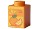 Part No: 3005pb074  Name: Brick 1 x 1 with Bar, Red Lines, Fruit Slice and Orange with Green Leaf on Yellow Background Pattern (Juice Carton)