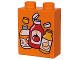 Part No: 4066pb798  Name: Duplo, Brick 1 x 2 x 2 with White, Red and Bright Light Orange Bottles with Tomato and Lemon Pattern (Plastic Waste / Garbage)