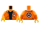 Part No: 973pb2920c01  Name: Torso Town Jacket with Pockets over Dark Blue Shirt with Name Tag and Miners Logo on Back Pattern / Orange Arms / Yellow Hands