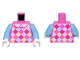 Part No: 973pb5580c01  Name: Torso Dress with White Collar and Magenta, Bright Pink, Bright Light Blue, and Bright Light Yellow Checkered Pattern / Medium Blue Arms / White Hands