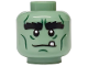 Part No: 3626pb3917  Name: Minifigure, Head Alien Monster with Black Bushy Eyebrows, Dark Green Cheek Lines, Wrinkles, Chin Dimple, White Tooth, Neutral Pattern