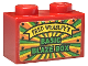 Part No: 3004pb242  Name: Brick 1 x 2 with Black 'FRED WEASLEY'S' on Yellow Banner, Green 'BASIC BLAZE BOX' Pattern (Sticker) - Set 75978