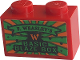 Part No: 3004pb305  Name: Brick 1 x 2 with Black 'F. WEASLEY'S' on Green Banner, 'BASIC BLAZE BOX' and Orange Capital Letter W Pattern (Sticker) - Set 76422