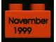 Part No: 3437pb037  Name: Duplo, Brick 2 x 2 with Black 'November 1999' Pattern